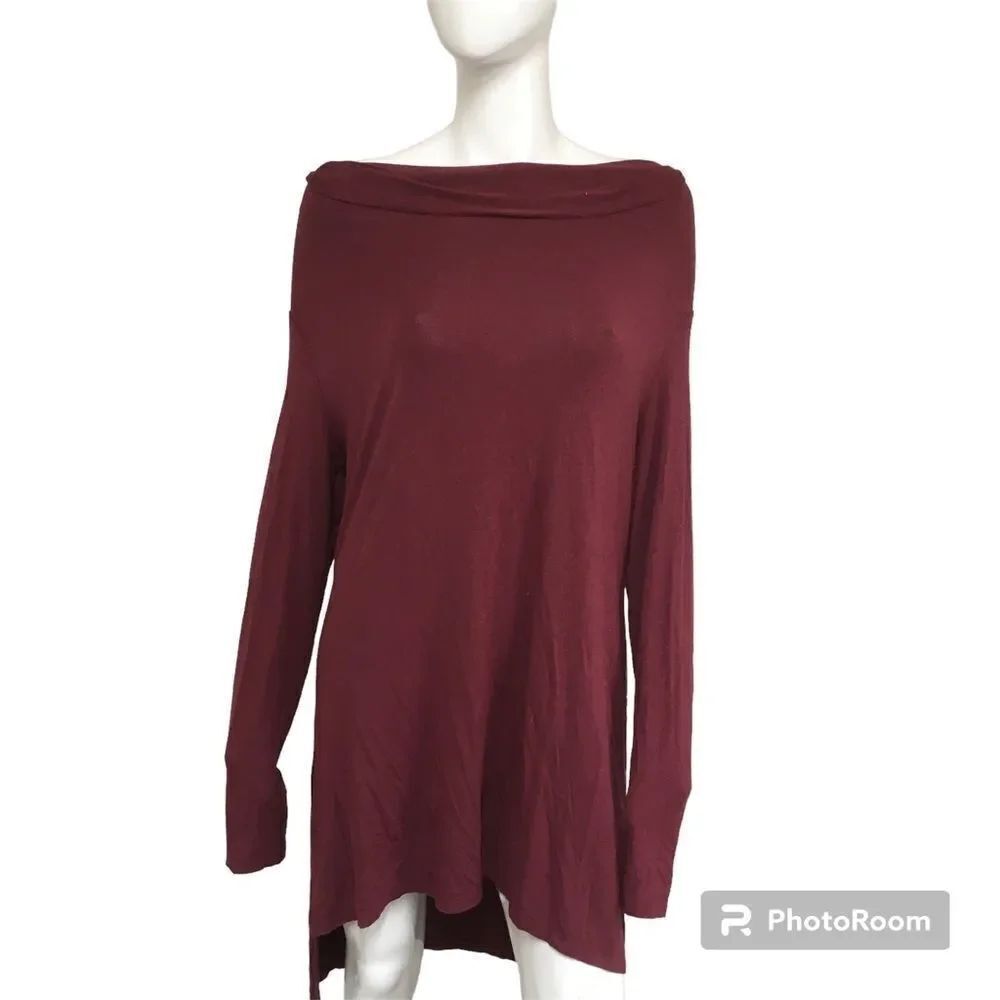 Soft Surroundings Maroon Draped Neckline Ling Sleeves Hi Low Lagenlook Top L